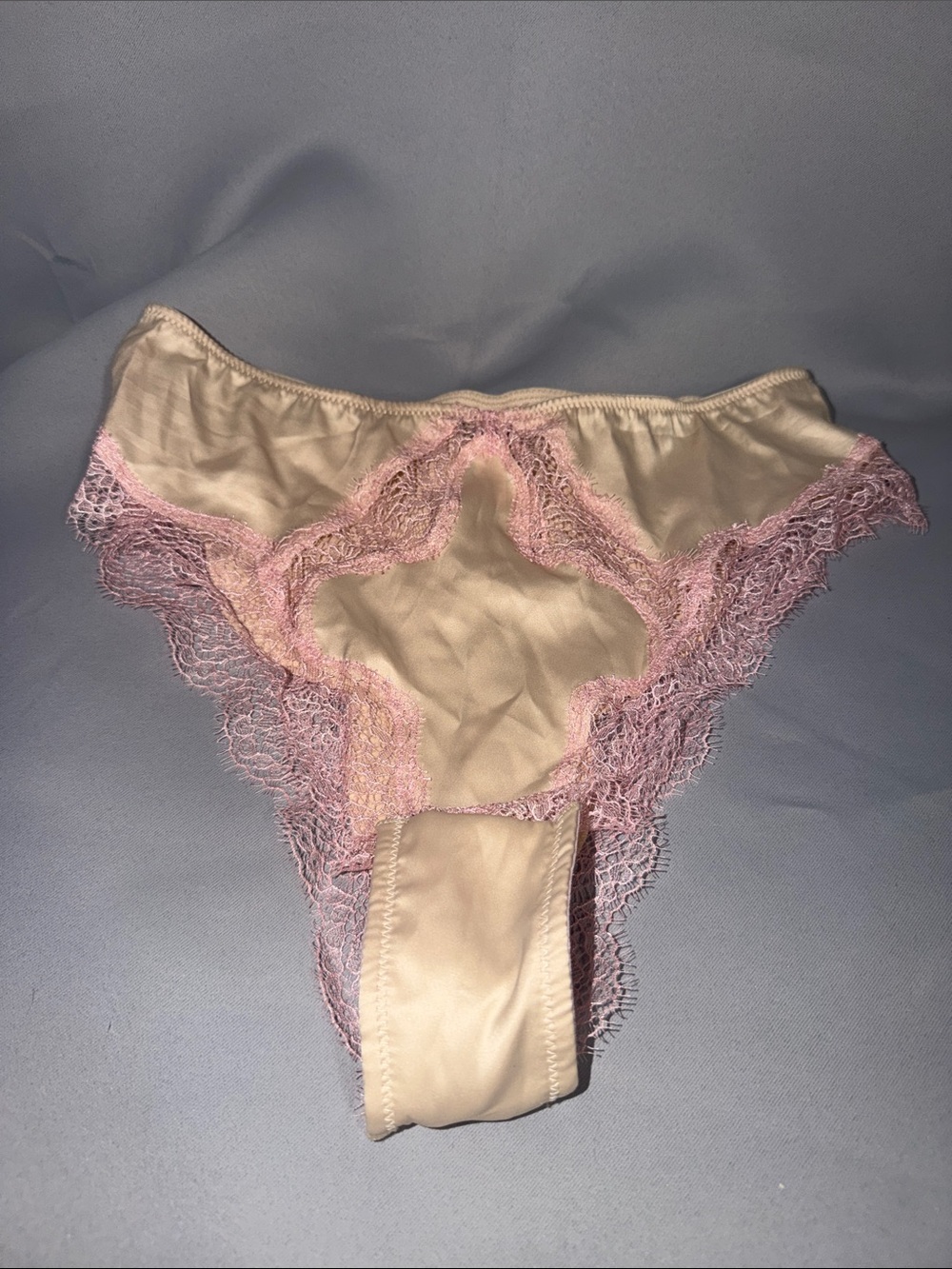 Victoria's Secret Beige Satin Panty with Pink Lace Trim